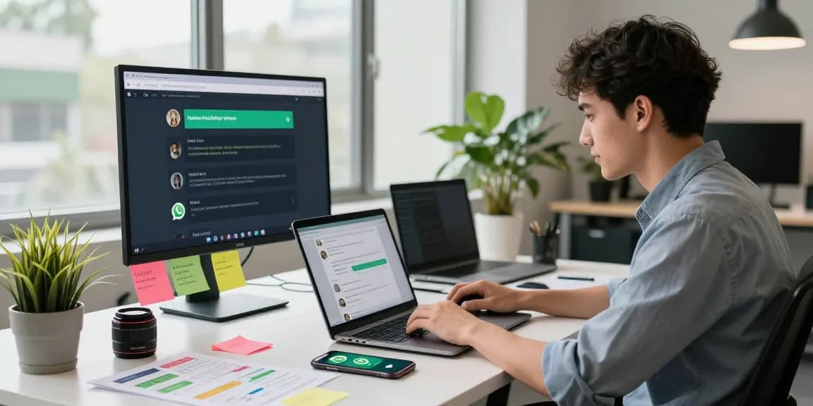 Professional using WhatsApp網頁版 on a laptop in a modern workspace with tech gadgets and ambient light.