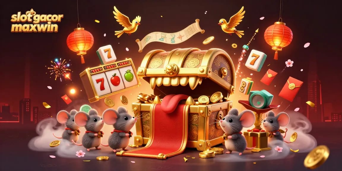 Experience the thrill of slot gacor maxwin with this vibrant illustration of 3D treasures and slot elements.