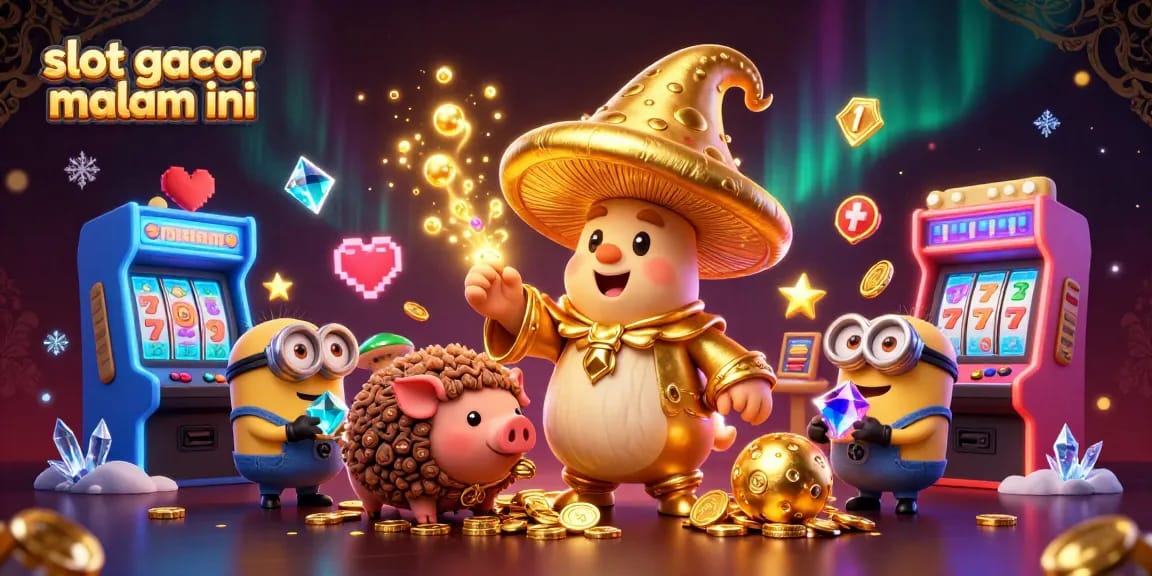 Experience the excitement of slot gacor malam ini with a vibrant 3D gaming scene filled with treasures and magical characters.