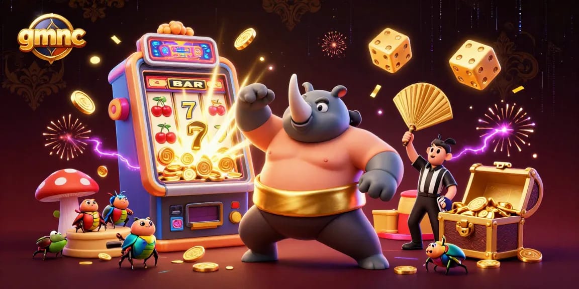 Experience thrilling moments at gmnc with a cartoon beetle champion amid a jackpot explosion.