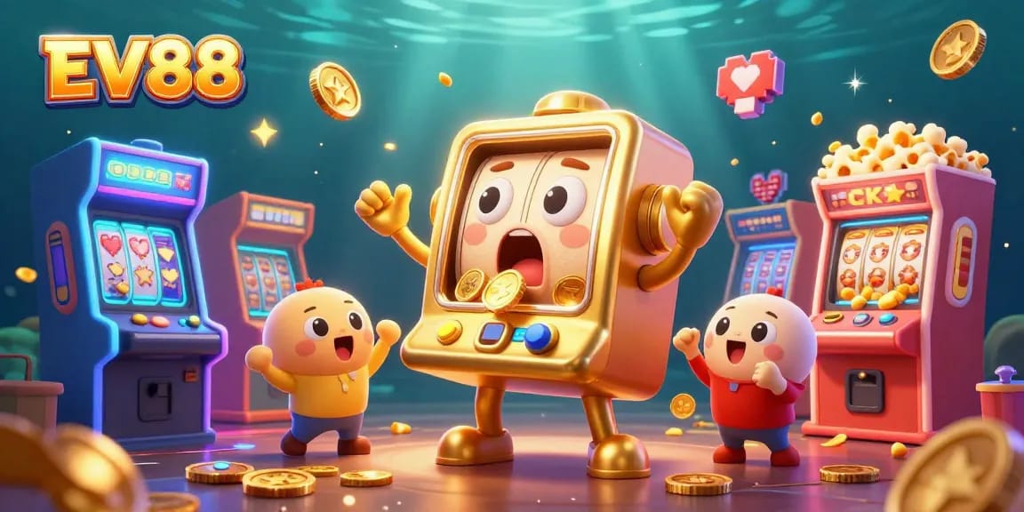 Experience a thrilling EV88 jackpot with a golden slot machine, coins flying and baby slots cheering in vibrant casino elements.