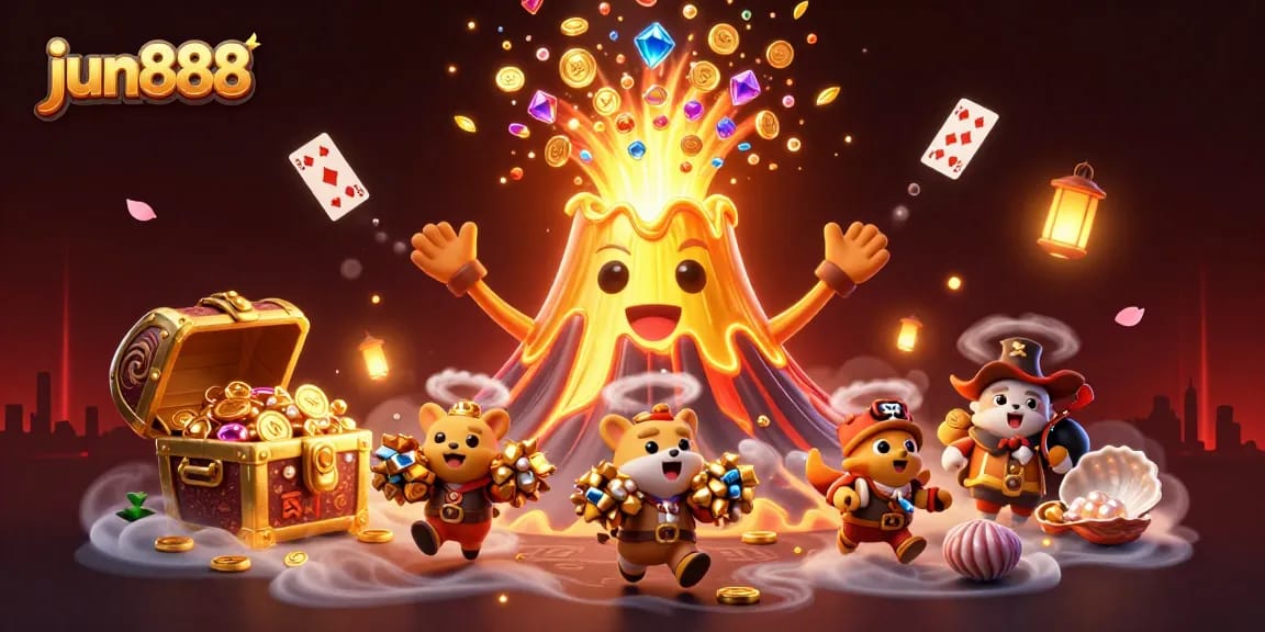 Experience thrilling wins at jun888, featuring a golden volcano and treasure-hunting animals in a vibrant casino setting.