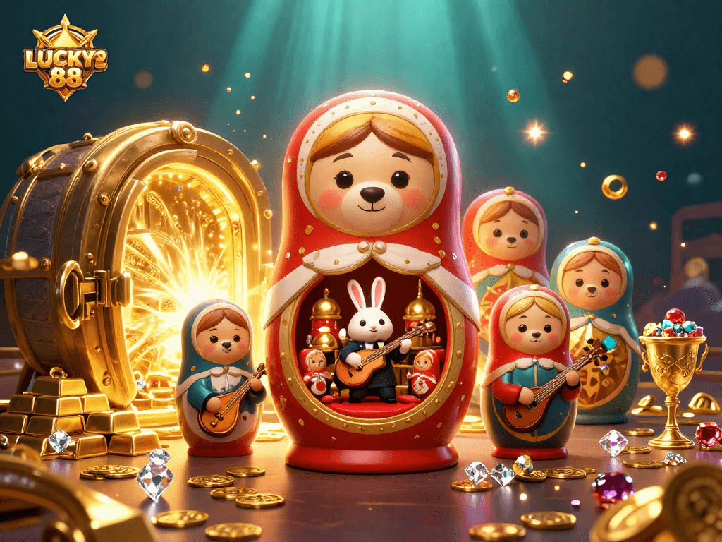 Experience the thrill of gambling with LUCKY88 in this vibrant 3D scene featuring engaging casino elements.