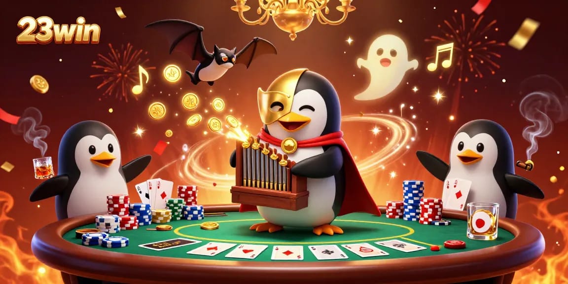 Experience the excitement of 23win with golden coins and poker elements in a vibrant casino scene.