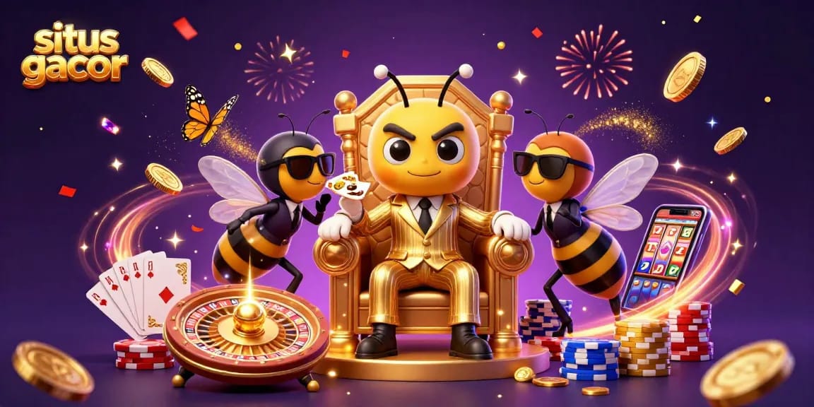 Situs gacor showcases an epic casino scene with a bumblebee mob boss, wasp bodyguards, and a butterfly whispering amidst golden coins.
