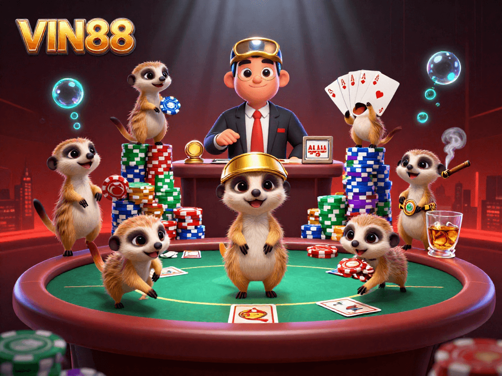 Engage in vibrant casino action at VIN88 with playful meerkats managing games and poker chips.