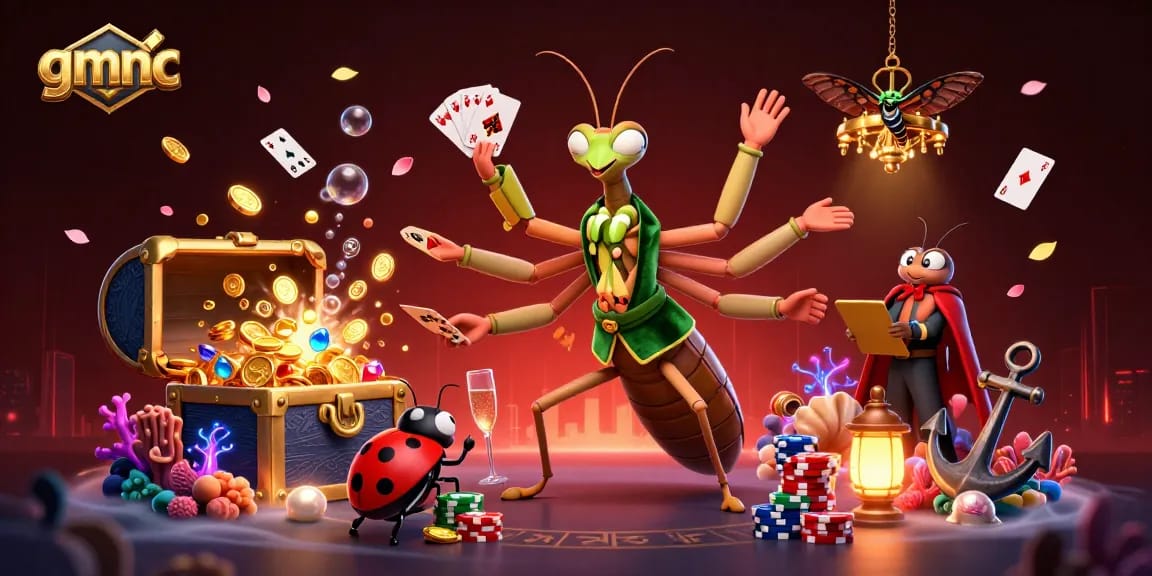 gmnc reveals the vibrant casino world with a giant praying mantis and ladybug pit boss in an action-packed scene