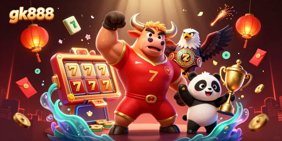 Đồ họa mascot bò, đại bàng, và gấu trúc trong bối cảnh gk888 đầy kịch tính với các chi tiết chơi game hấp dẫn.