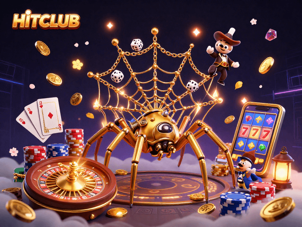 Engage in exciting games at HITCLUB with golden spider and vibrant casino elements.