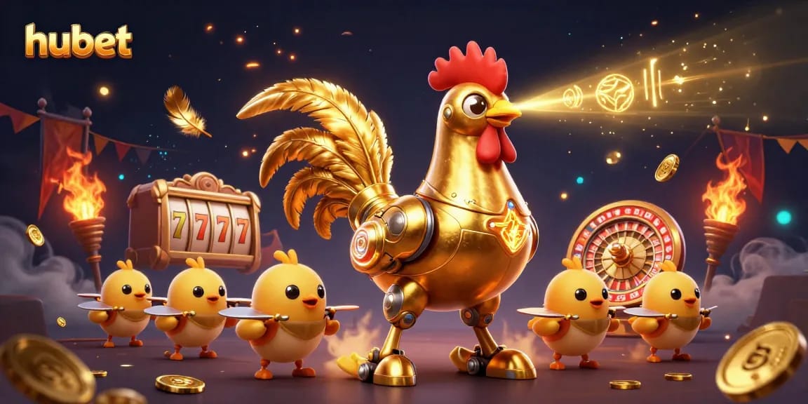 Experience hubet's thrilling casino action with a golden rooster robot and vibrant slots!