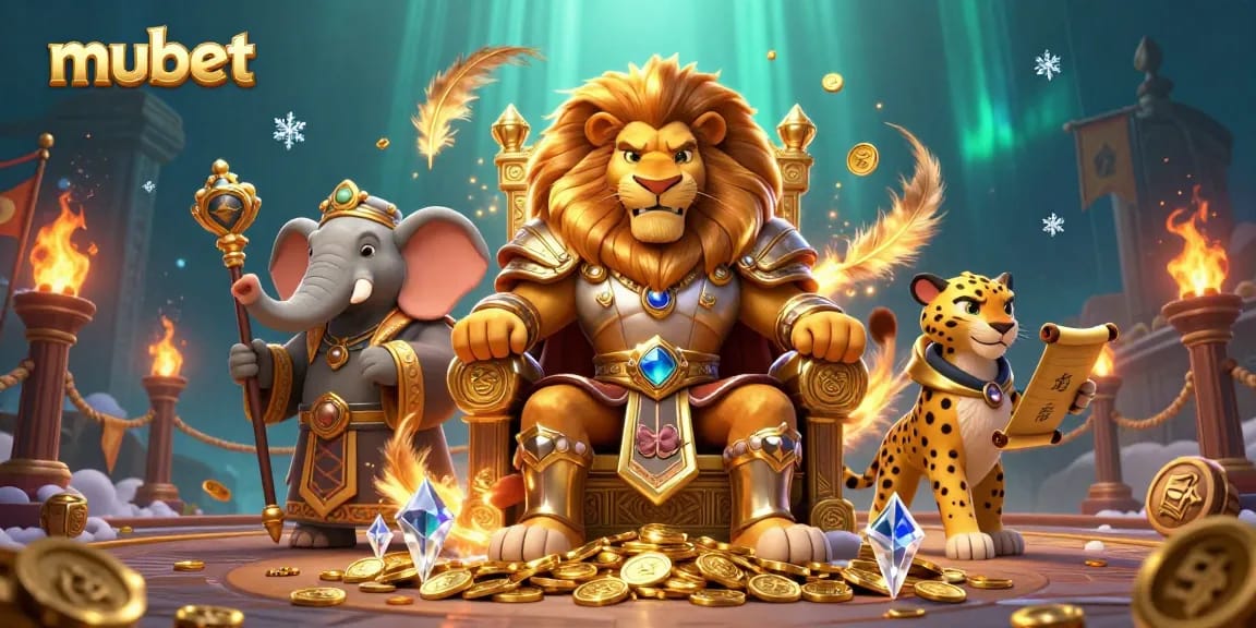 Engage with mubet's thrilling casino world featuring a lion king, elephant advisor, and cheetah messenger.