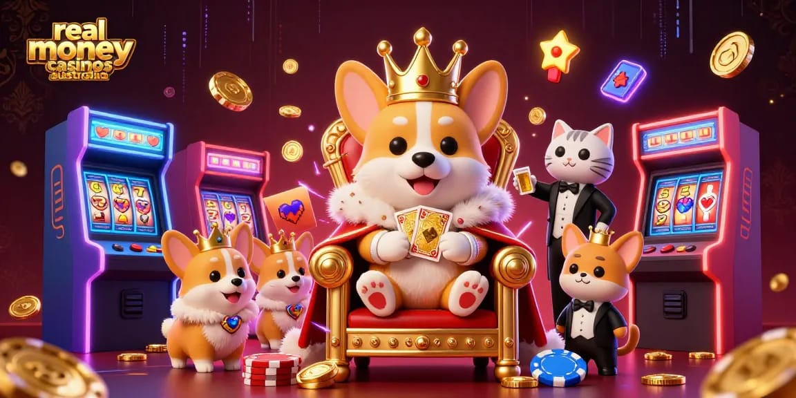 Experience thrilling action at real money casinos Australia with a regal corgi and dazzling gaming elements.
