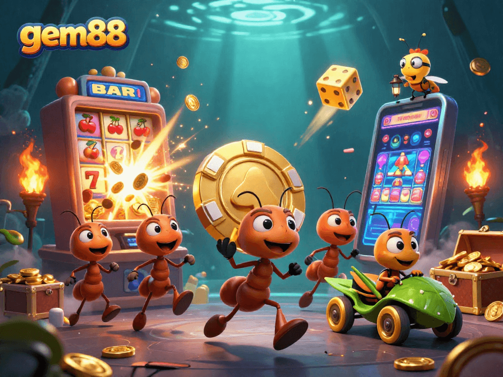 Join the gem88 heist with ants carrying giant poker chips in a vibrant casino scene.