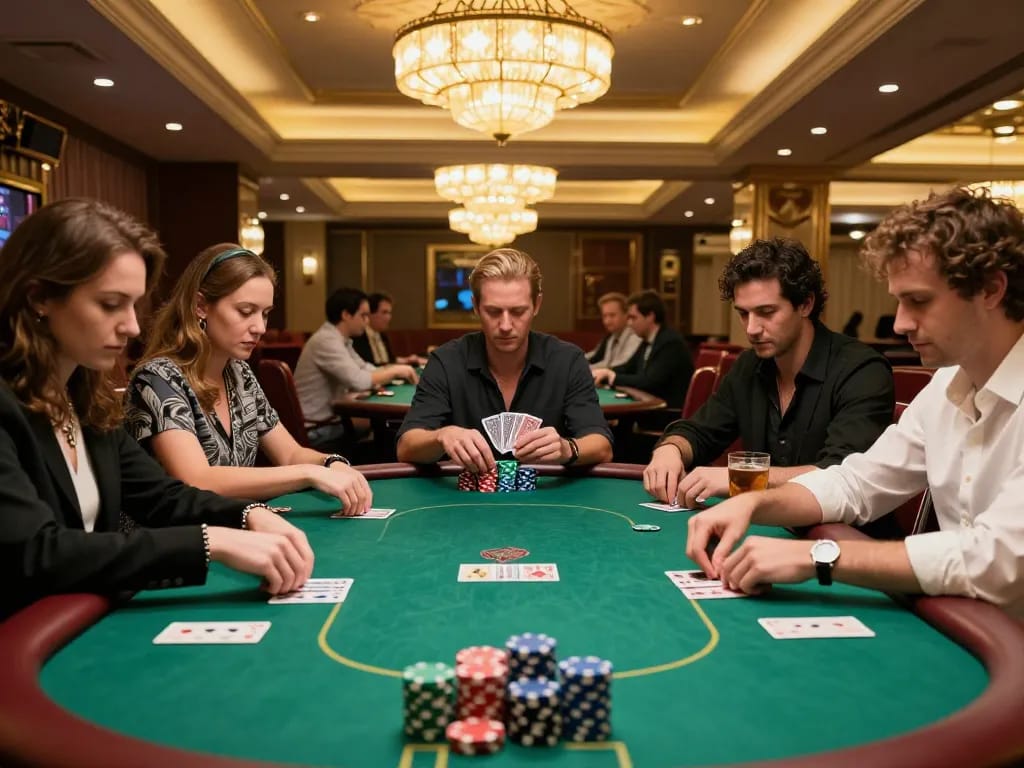 Players engage in a thrilling poker game at a luxurious casino table, showcasing cm88's exciting gaming experience.