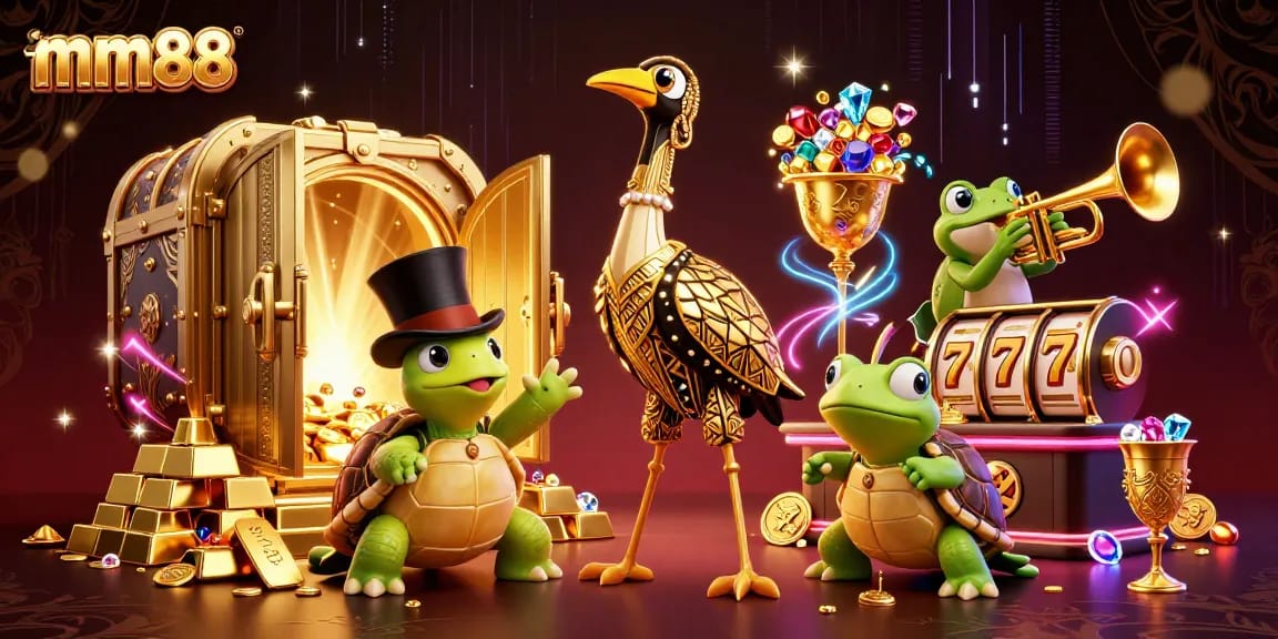 Spin reels at mm88’s vibrant casino with a 3D art deco crane and playful characters in a treasure-filled scene.