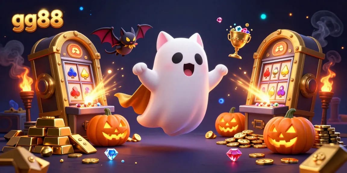Engage with gg88 in this vibrant, dynamic haunted casino scene featuring a ghost cat and vampire bat.