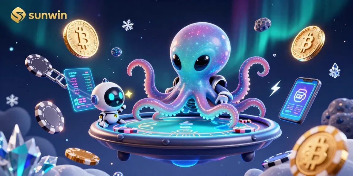 Engage in thrilling poker action with sunwin as an alien octopus hosts at a futuristic casino table.