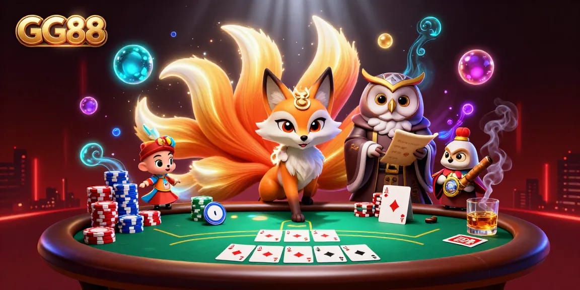 GG88 highlights a vibrant poker scene with a mystical nine-tailed fox, playing cards, and glowing elements.
