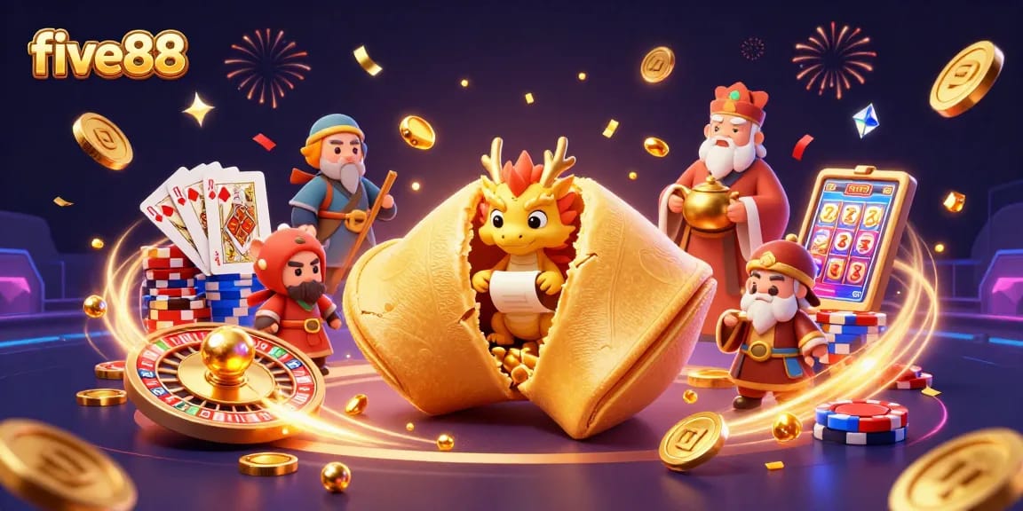 Experience the excitement of five88 with colorful casino elements and dynamic golden visuals.
