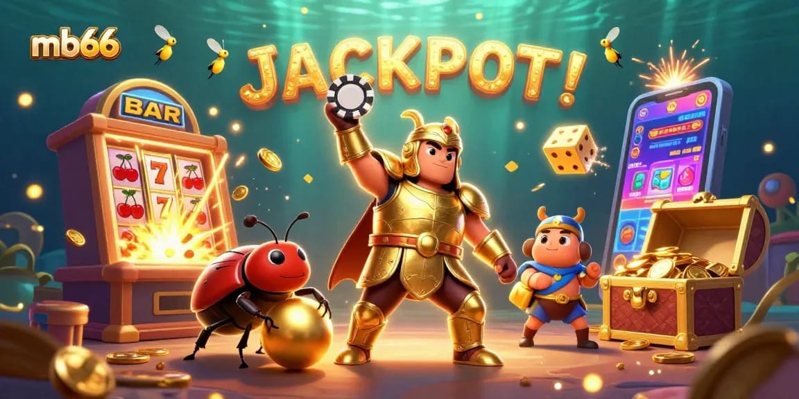 Các nhân vật mb66 vui vẻ chúc mừng Jackpot với hình ảnh 3D đầy màu sắc và hào nhoáng.