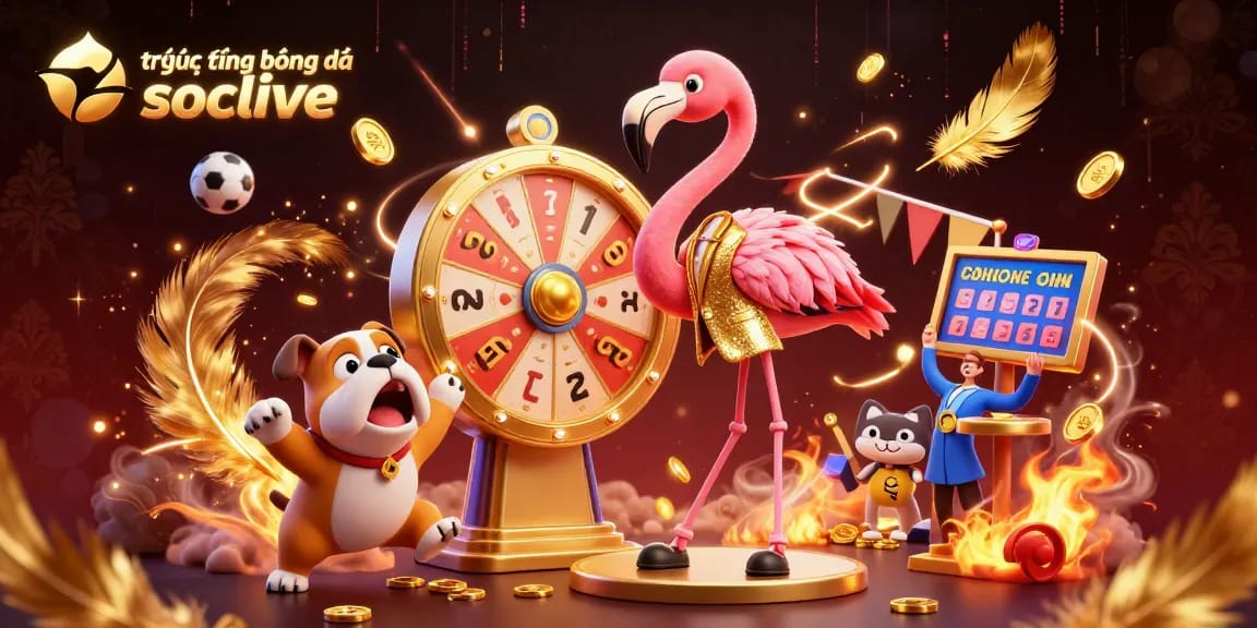 Engage in trực tiếp bóng đá socolive with a vibrant animated scene featuring a flamingo host and bulldog contestant.