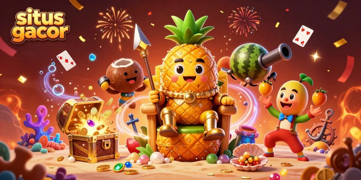 Engage with situs gacor featuring a vibrant scene of animated casino characters celebrating wins under fireworks.
