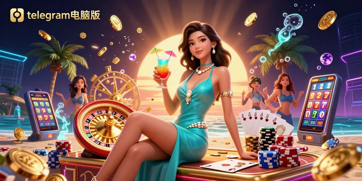 在这个充满兴奋和奖品的生动赌场主题插图中,利用telegram电脑版赢得大奖。