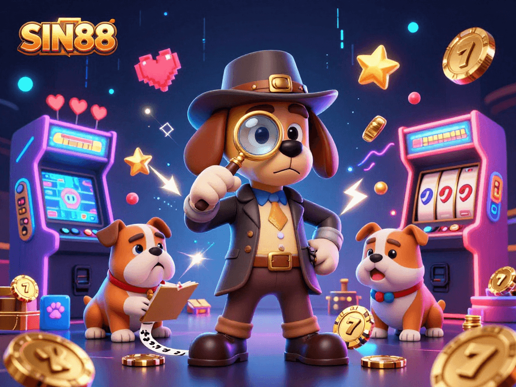 SIN88 reveals thrilling casino adventures with a detective and treasures surrounding vibrant gaming elements.