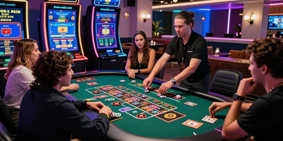 Spieler genießen ein lebhaftes Spiel in einem Paysafe-Karten-Casino, das Interaktion und Aufregung zeigt.