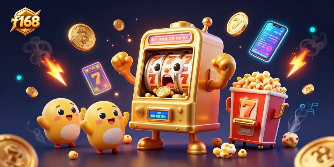 Experience big wins at f168 with the animated golden slot machine hitting jackpots!