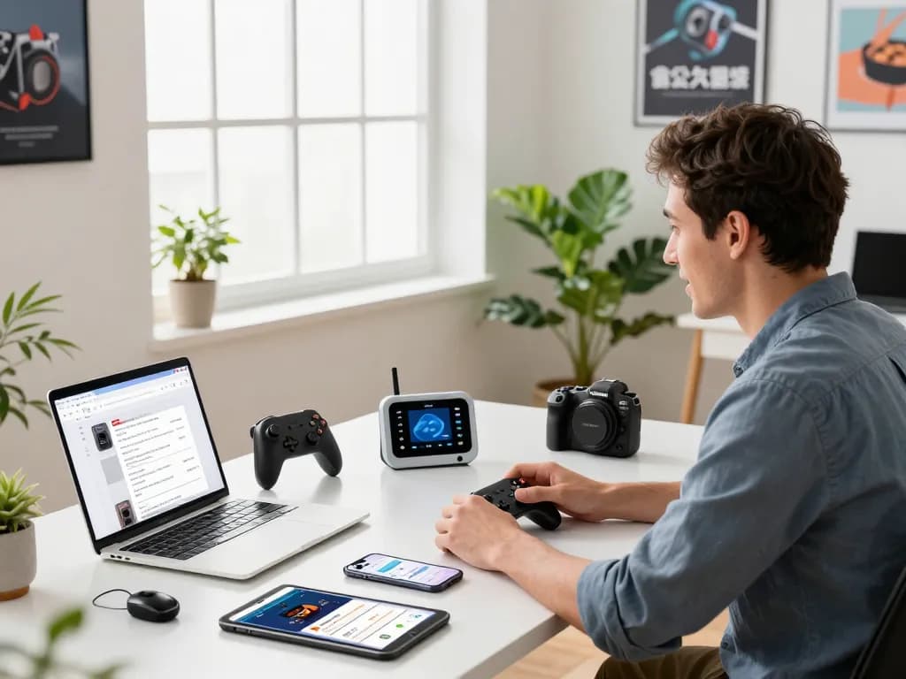 Showcasing unique tech gadgets like the 8BitDo controller and AirFly Pro in a modern workspace.
