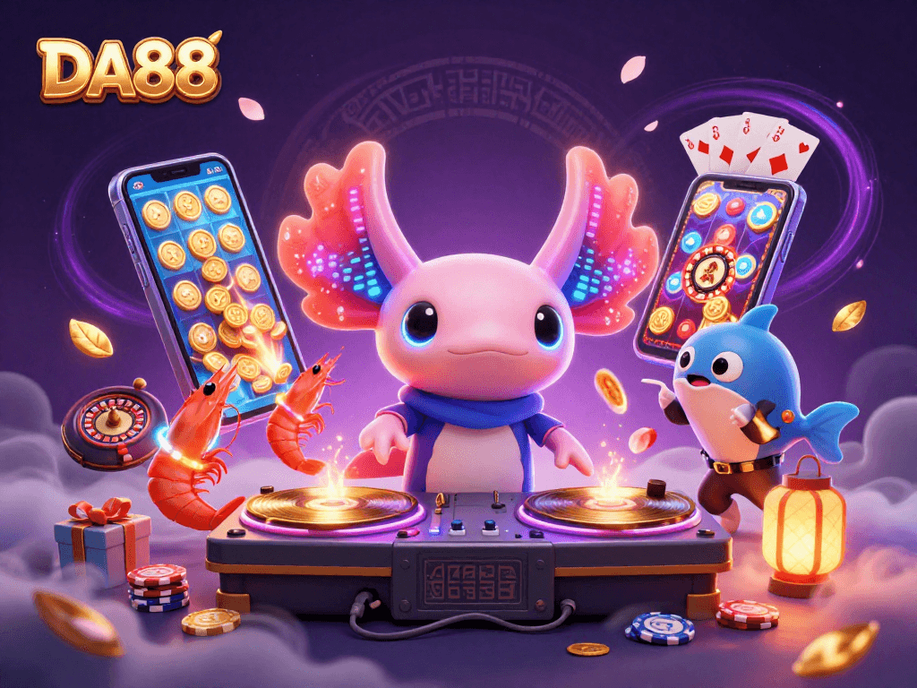 Join the vibrant excitement at DA88, featuring a neon axolotl DJ spinning glamourous golden tunes amidst a thrilling casino atmosphere.
