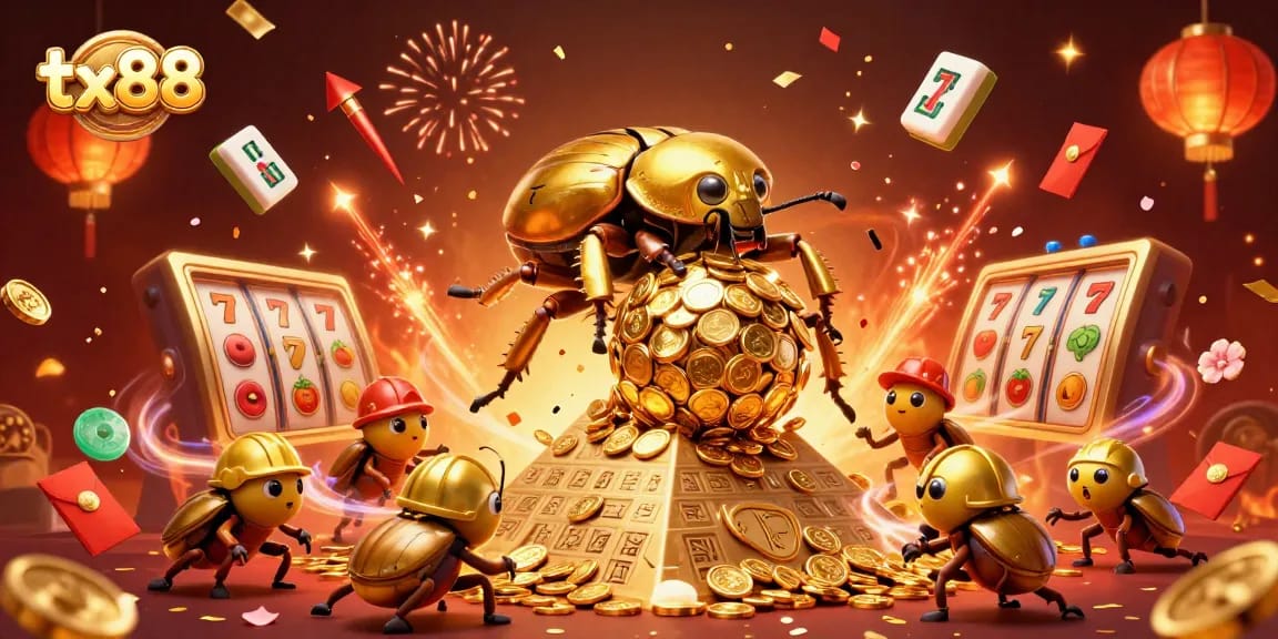 Experience tx88's vibrant casino world with golden beetles and festive symbols.