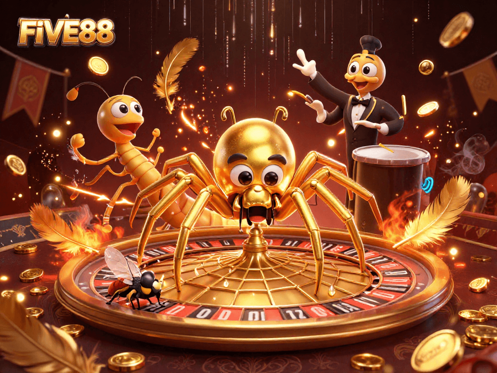 Experience the thrill of FIVE88 with a golden spider and centipede croupier in action!