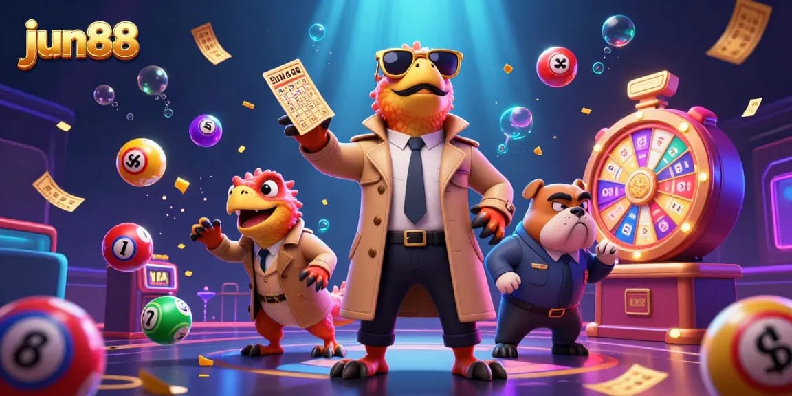 Experience the thrill of jun88 with cartoon raptors sneaking into a VIP casino, surrounded by colorful lottery elements.