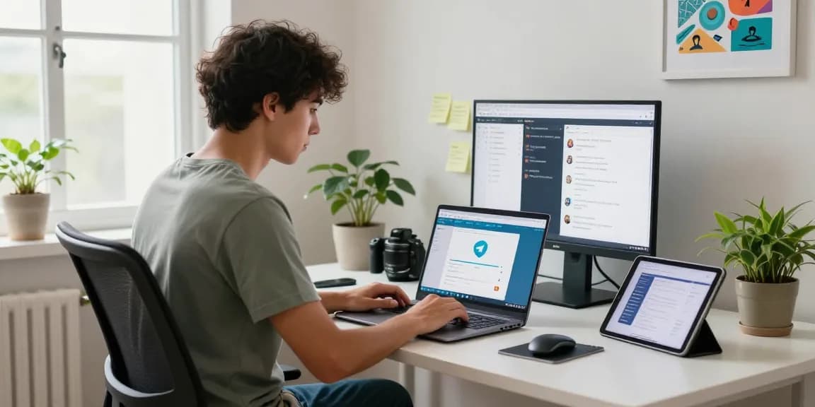 Person using the Telegram web version on a laptop in a modern home office