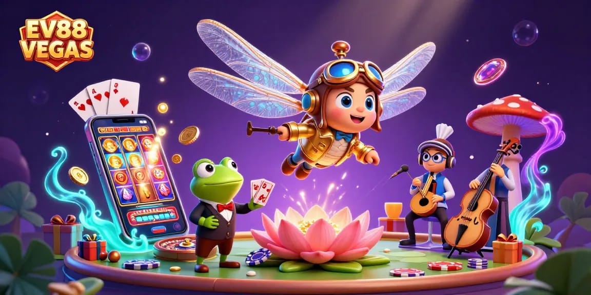 Experience the excitement of EV88 VEGAS with a vibrant 3D casino scene featuring unique characters and games.
