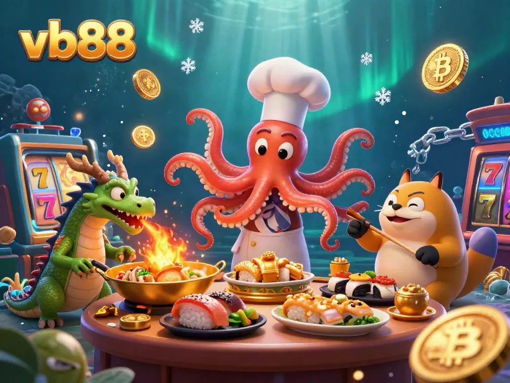 Experience thrilling jackpots with vb88, as a colorful octopus chef serves golden dishes in a vibrant casino atmosphere.