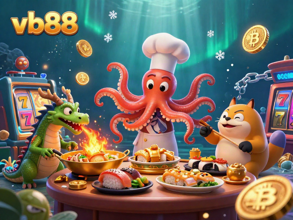 Experience thrilling jackpots with vb88, as a colorful octopus chef serves golden dishes in a vibrant casino atmosphere.
