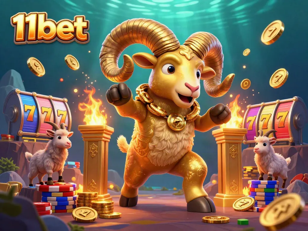 Players win big with the exciting 11bet gaming scene featuring golden ram and colorful slot machines.