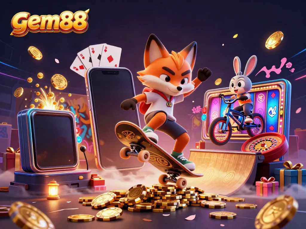 Experience fun gaming thrills with gem88's vibrant 3D casino action featuring a skateboard fox and BMX rabbit.