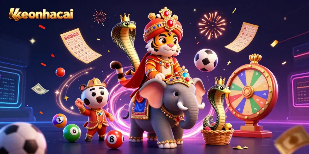 Engage with keonhacai for vibrant sports betting experiences, represented by dynamic characters and elements.