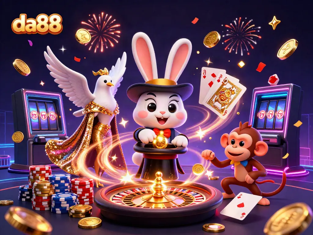 Experience the thrill of da88 with a magician rabbit, dove, and monkey amidst a vibrant casino scene.