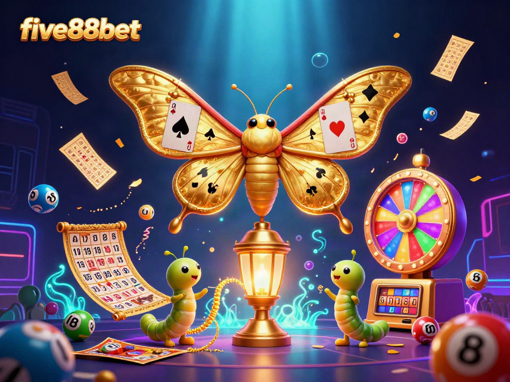 Engaging five88bet scene with vibrant lottery elements and an enchanting moth catalyst for winning
