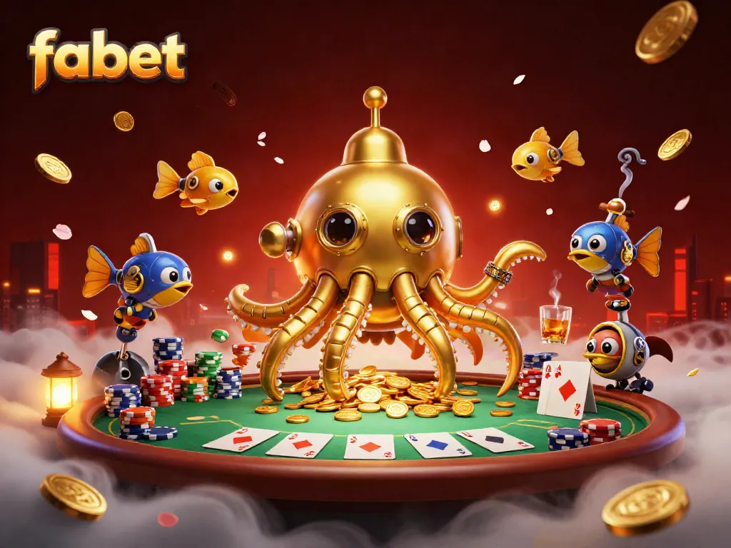 Fabet players enjoy thrilling poker games around a golden kraken submarine amid overflowing riches.