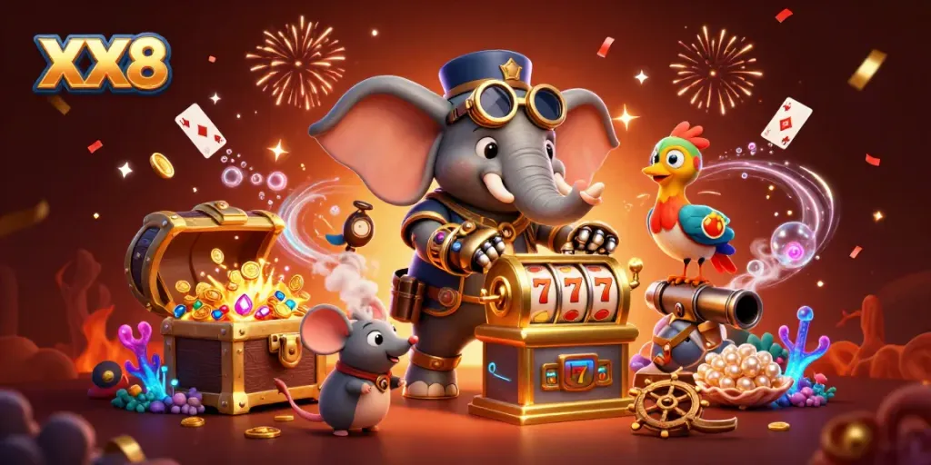 Experience the excitement of the XX8 casino with a vibrant steampunk-themed illustration featuring slot machines and treasures.