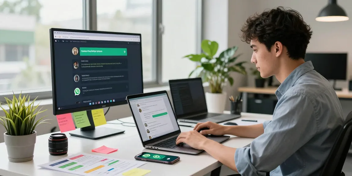Professional using WhatsApp網頁版 on a laptop in a modern workspace with tech gadgets and ambient light.