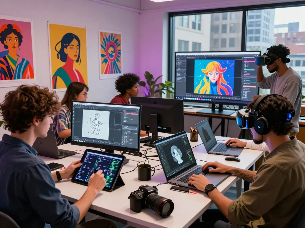 Collaboration among artists in a digital studio creating AI porn visuals, illustrating modern artistic expression with innovative technology.