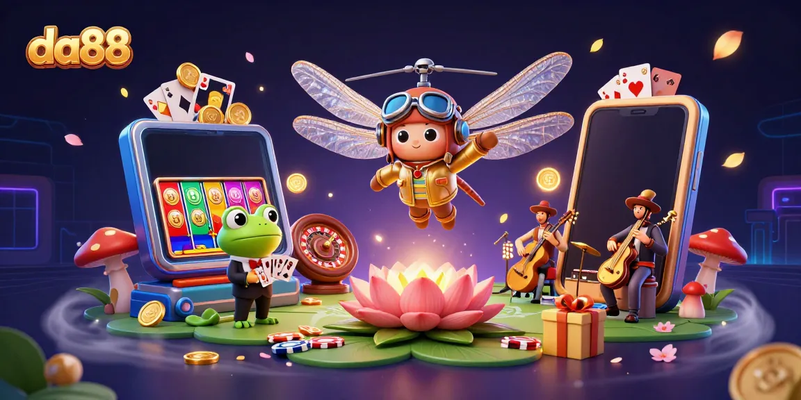 da88 engages players with a vibrant casino scene showcasing a dragonfly pilot and a frog dealing cards