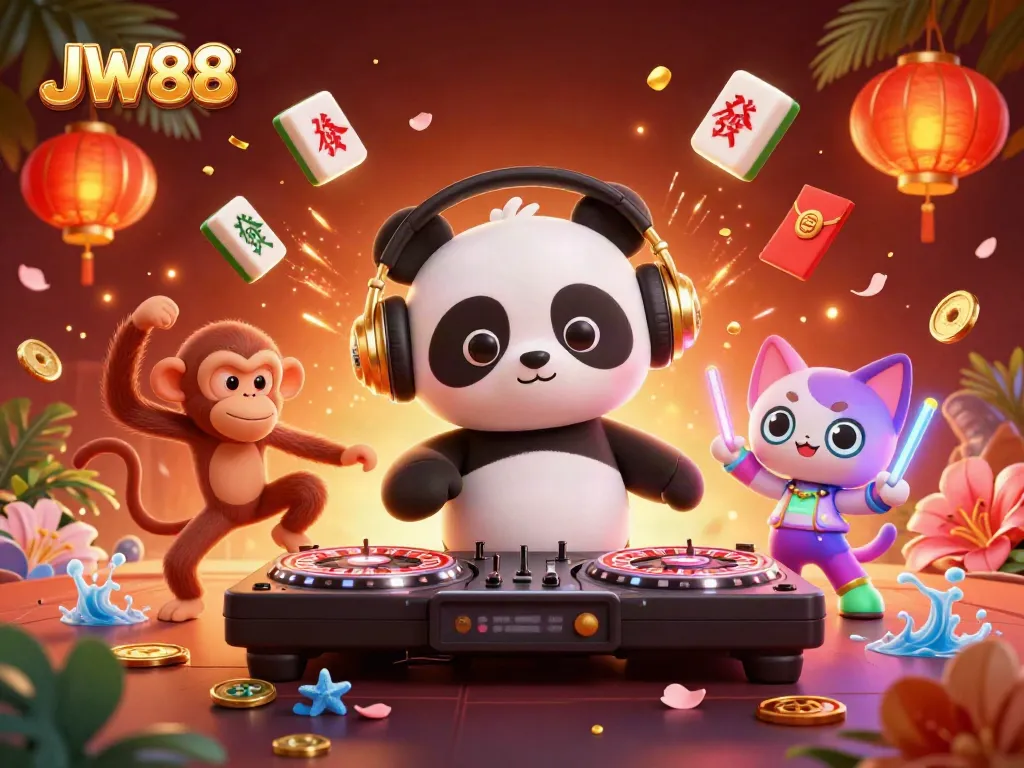 Experience vibrant energy with JW88's 3D casino illustration featuring a DJ panda, breakdancing monkey, and rave kitten.